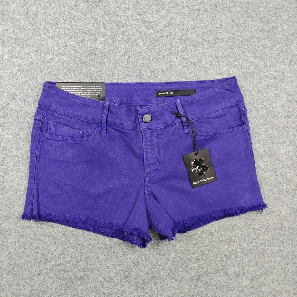 Black Orchid Shorts Womens 30 Purple Denim Cutoff Studded Fringe Stretch Raw Hem